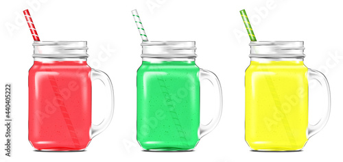 Glass mason jar with handle and drinking straw filled with smoothie or natural juice isolated on white background. Realistic vector illustration