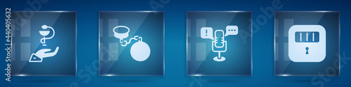 Set Caduceus snake medical, Ball on chain, Freedom of speech and Prison cell door. Square glass panels. Vector