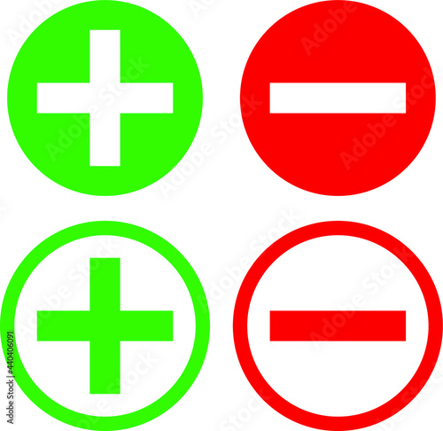 Positive and Negative sign Icons in Fill and Outline Green and Red Color