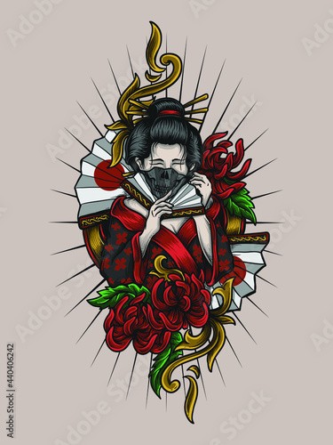 artwork illustration and t shirt design geisha skull engraving ornament 