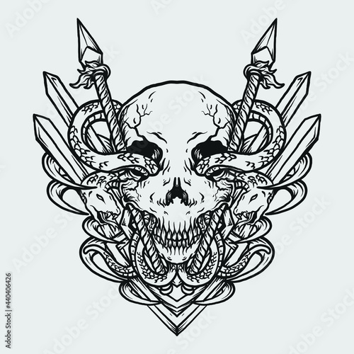 tattoo and t shirt design black and white hand drawn skull snake and spear