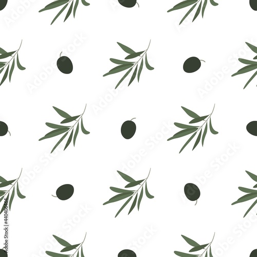 olives pattern. Seamless hand-drawn pattern of fresh olives. Abstract black and green olives. A sprig of olive. Vector illustration.