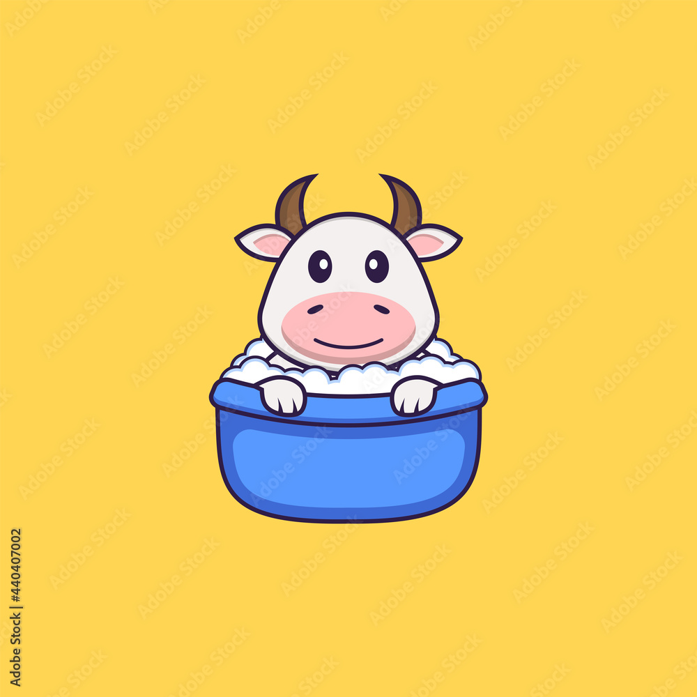 Cute cow taking a bath in the bathtub. Animal cartoon concept isolated. Can used for t-shirt, greeting card, invitation card or mascot. Flat Cartoon Style Cute cow taking a bath in the bathtub. Animal cartoon concept isolated. Can used for t-shirt, greeting card, invitation card or mascot. Flat Cartoon Style