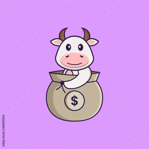Cute cow in a money bag. Animal cartoon concept isolated. Can used for t-shirt, greeting card, invitation card or mascot. Flat Cartoon Style