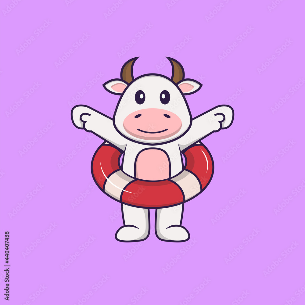 Cute cow using a float. Animal cartoon concept isolated. Can used for t-shirt, greeting card, invitation card or mascot. Flat Cartoon Style Cute cow using a float. Animal cartoon concept isolated. Can used for t-shirt, greeting card, invitation card or mascot. Flat Cartoon Style