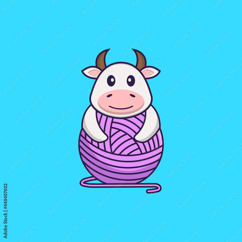 Cute cow playing with wool yarn. Animal cartoon concept isolated. Can used for t-shirt, greeting card, invitation card or mascot. Flat Cartoon Style