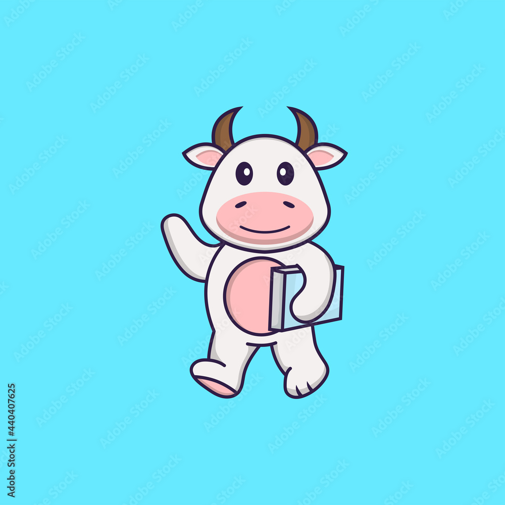 Cute cow holding a book. Animal cartoon concept isolated. Can used for t-shirt, greeting card, invitation card or mascot. Flat Cartoon Style Cute cow holding a book. Animal cartoon concept isolated. Can used for t-shirt, greeting card, invitation card or mascot. Flat Cartoon Style