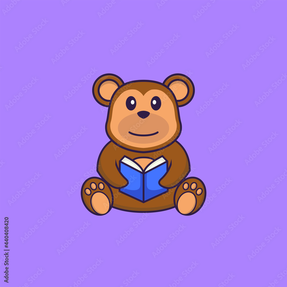 Cute monkey reading a book. Animal cartoon concept isolated. Can used for t-shirt, greeting card, invitation card or mascot. Flat Cartoon Style Cute monkey reading a book. Animal cartoon concept isolated. Can used for t-shirt, greeting card, invitation card or mascot. Flat Cartoon Style