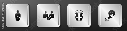 Set Loss of friend, Complicated relationship, Gift box and Happy friendship day icon. Silver square button. Vector