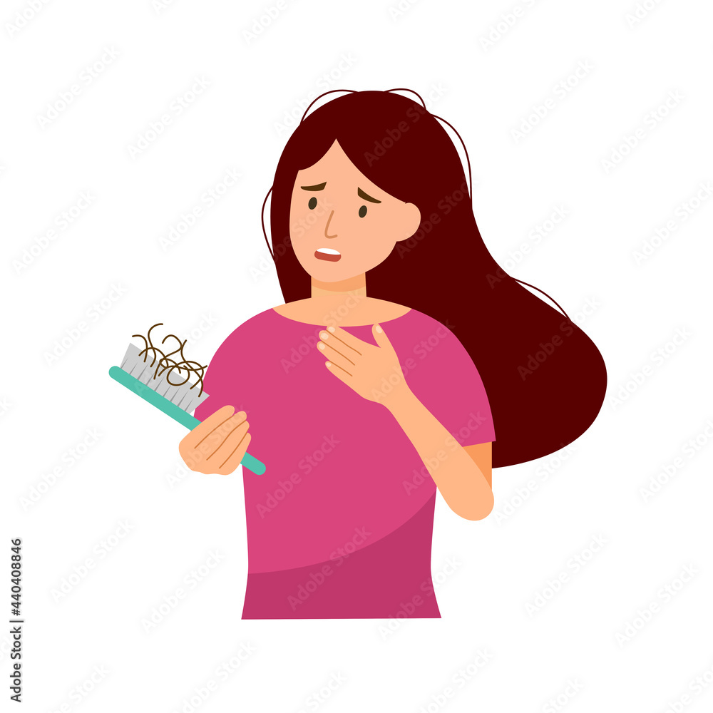 Young woman worrying about her hair loss problem in flat design on white background.
