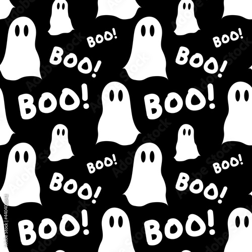 Halloween seamless pattern with ghosts and the words 