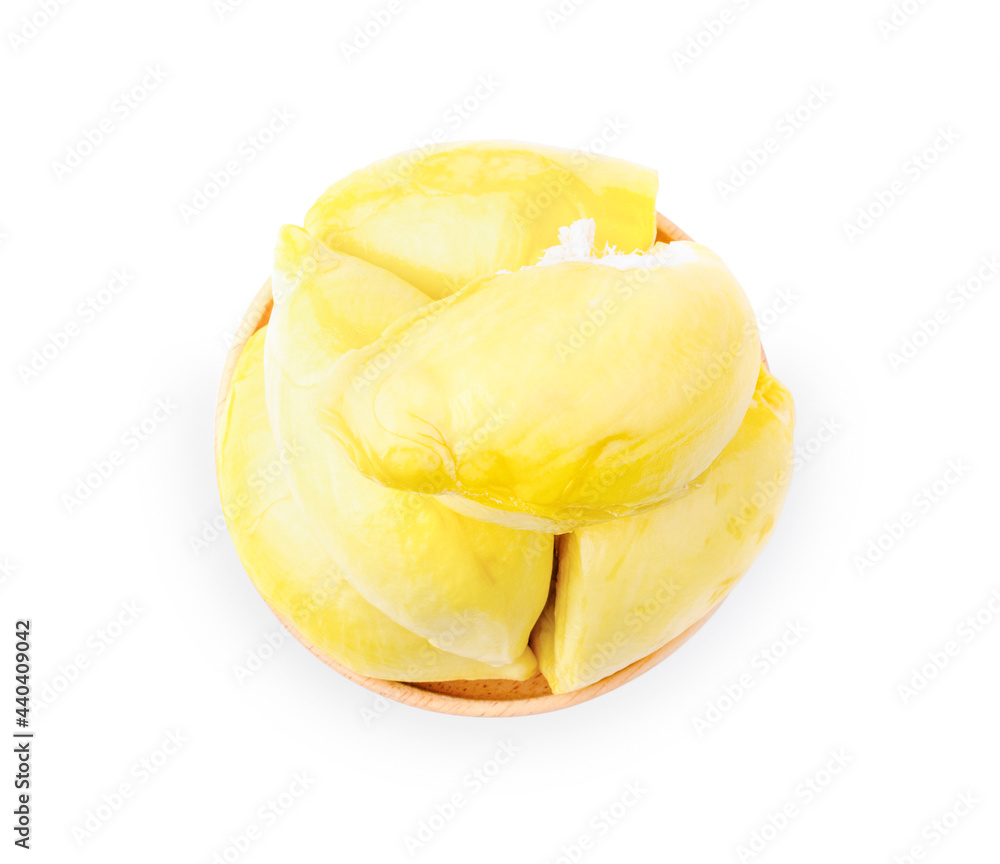 Durian on wooden plate isolated on white background. Durian on wooden plate isolated on white background.