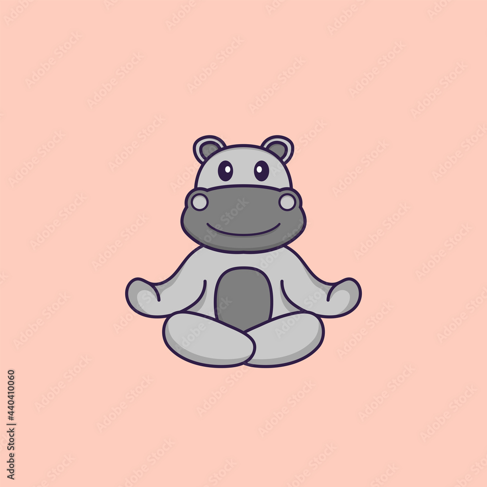 Cute hippopotamus is meditating or doing yoga. Animal cartoon concept isolated. Can used for t-shirt, greeting card, invitation card or mascot. Flat Cartoon Style