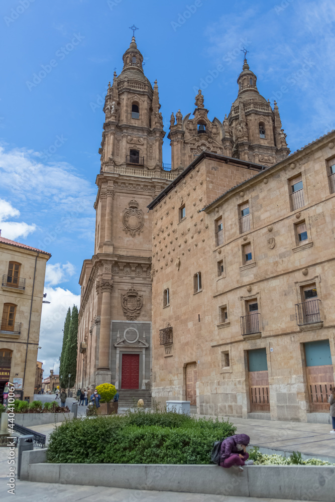 View with Casa de las Conchas lateral facade and baroque iconic facade at the La Clerecia building, Pontifical university at Salamanca, Universidad Pontificia de Salamanca (UPSA)