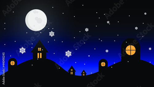Landscape with snow-filled areas.abstract pastel paper cut illustration of winter landscape with cloud.Happy New Year and Merry Christmas background.Vintage town at night.Bright moon and shooting star