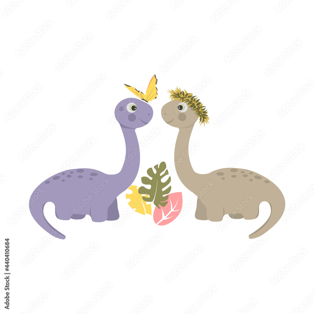 Pair of two cute dinosaurs, with butterfly and leaves, vector illustration in flat cartoon style.