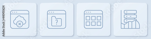 Set line Failed access cloud storage, Browser files, File missing and Server, Data, Web Hosting. White square button. Vector