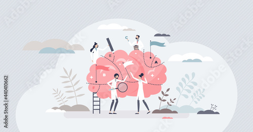 Brain mapping as neuroscience spatial representations method tiny person concept. Anatomical analytic process scene with learning about organ division and imaging projection vector illustration.