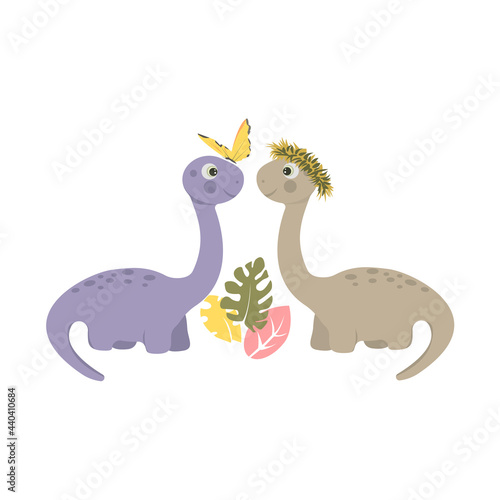 Pair of two cute dinosaurs, with butterfly and leaves, vector illustration in flat cartoon style. © CraftCloud