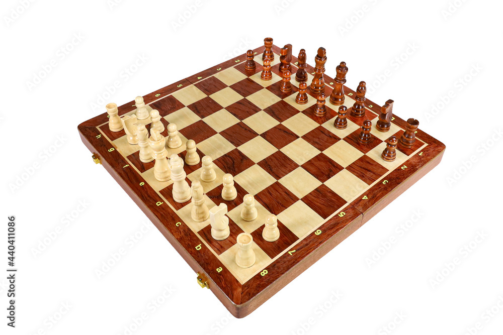 Chessboard with placed pieces on a white background, isolated image Chessboard with placed pieces on a white background, isolated image