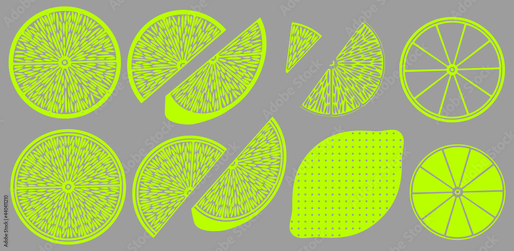 A set of contour images of slices of citrus fruits. By repainting in any color, you can create backgrounds, patterns, collages, etc.