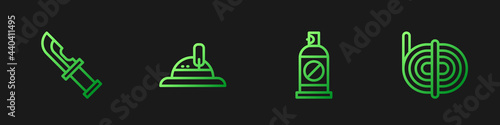 Set line Spray against insects, Hunter knife, hat and Climber rope. Gradient color icons. Vector