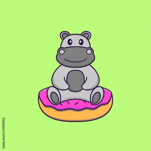 Cute hippopotamus is sitting on donuts. Animal cartoon concept isolated. Can used for t-shirt, greeting card, invitation card or mascot. Flat Cartoon Style