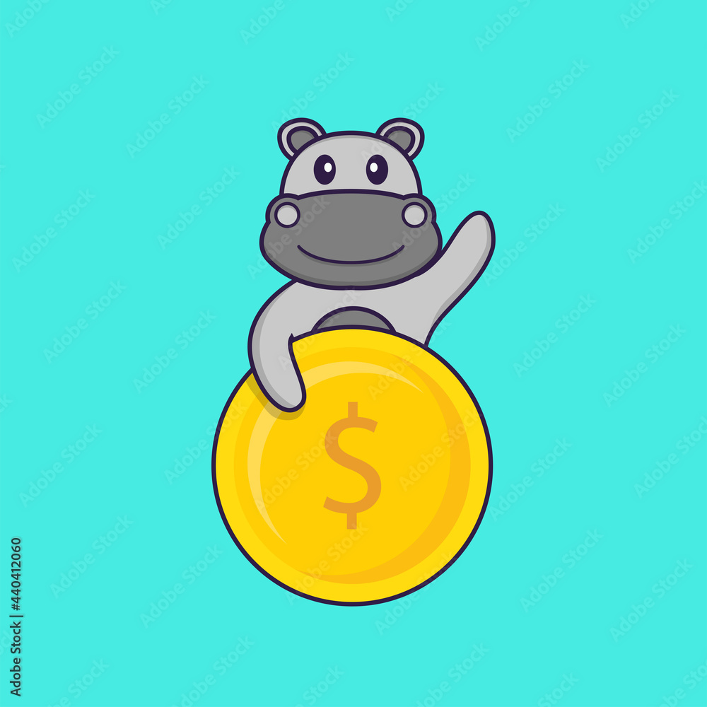 Cute hippopotamus holding coin. Animal cartoon concept isolated. Can used for t-shirt, greeting card, invitation card or mascot. Flat Cartoon Style Cute hippopotamus holding coin. Animal cartoon concept isolated. Can used for t-shirt, greeting card, invitation card or mascot. Flat Cartoon Style
