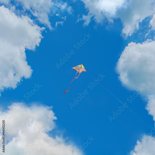 a kite flies in the blue sky