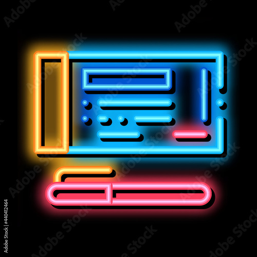 to fill out check with pen neon light sign vector. Glowing bright icon to fill out check with pen sign. transparent symbol illustration