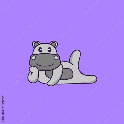 Cute hippopotamus lying down. Animal cartoon concept isolated. Can used for t-shirt, greeting card, invitation card or mascot. Flat Cartoon Style
