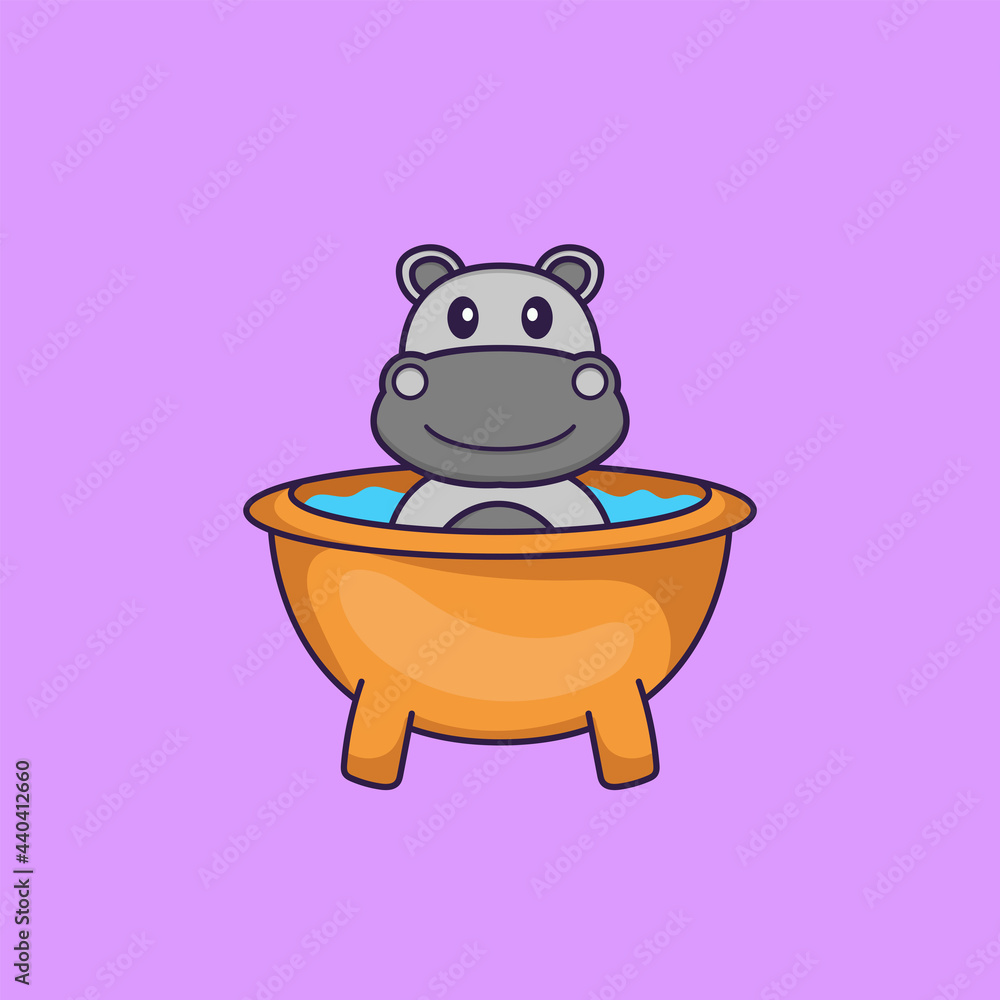 Cute hippopotamus taking a bath in the bathtub. Animal cartoon concept isolated. Can used for t-shirt, greeting card, invitation card or mascot. Flat Cartoon Style Cute hippopotamus taking a bath in the bathtub. Animal cartoon concept isolated. Can used for t-shirt, greeting card, invitation card or mascot. Flat Cartoon Style