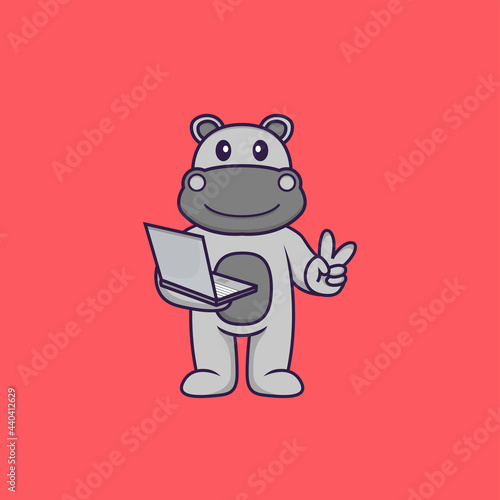 Cute hippopotamus holding laptop. Animal cartoon concept isolated. Can used for t-shirt, greeting card, invitation card or mascot. Flat Cartoon Style