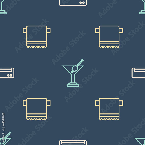Set line Air conditioner, Towel hanger and Martini glass on seamless pattern. Vector