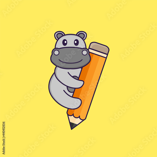 Cute hippopotamus holding a pencil. Animal cartoon concept isolated. Can used for t-shirt, greeting card, invitation card or mascot. Flat Cartoon Style