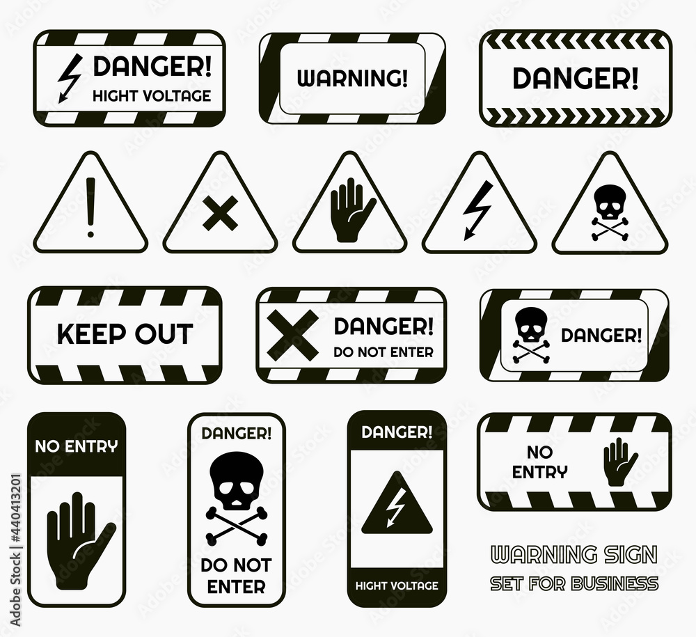 Signs warning of the danger - fire, high voltage, toxic, temperature ...