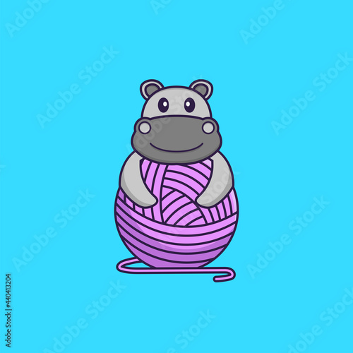Cute hippopotamus playing with wool yarn. Animal cartoon concept isolated. Can used for t-shirt, greeting card, invitation card or mascot. Flat Cartoon Style