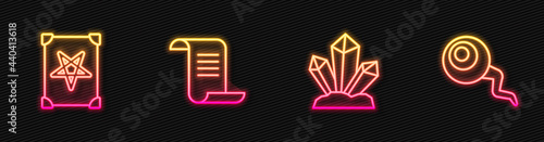 Set line Magic stone, Ancient magic book, and Eye. Glowing neon icon. Vector