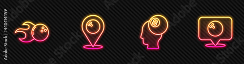 Set line Billiard ball, Bowling, Location with bowling and . Glowing neon icon. Vector