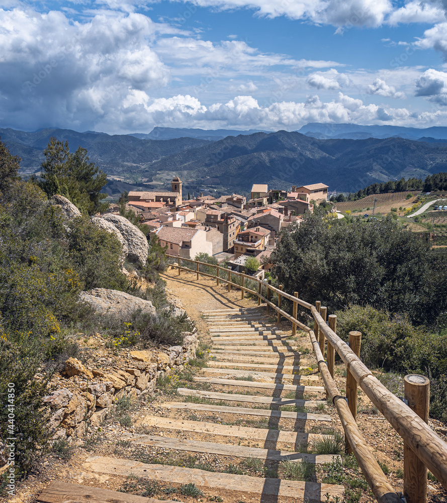 Wooden Path Leading to Morera del Montsant, a  beautiful village in Priorat, Tarragona, Catalonia