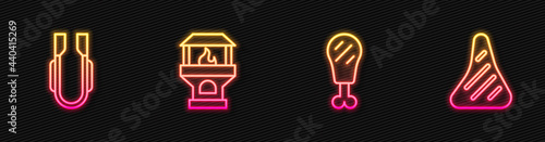 Set line Chicken leg, Meat tongs, Brick stove and Steak meat. Glowing neon icon. Vector