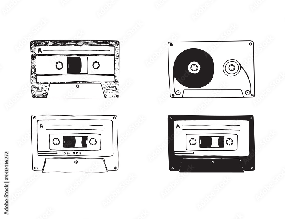 Vector illustration with cassettes. Doodle sketch.