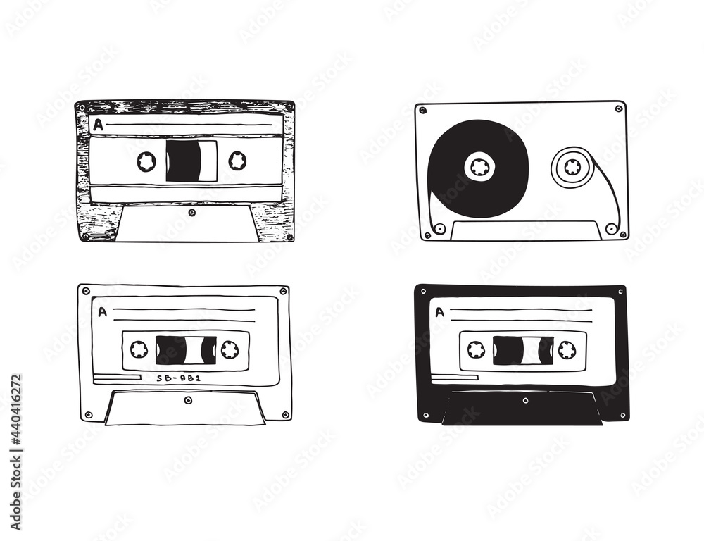 Fototapeta premium Vector illustration with cassettes. Doodle sketch.