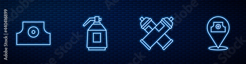 Set line Paint spray can, Spray nozzle cap, gun and . Glowing neon icon on brick wall. Vector