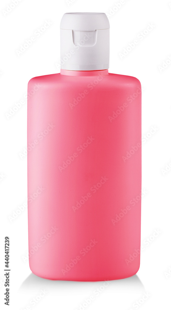 Plastic bottle with soap or shampoo without label reflected on white background Plastic bottle with soap or shampoo without label reflected on white background