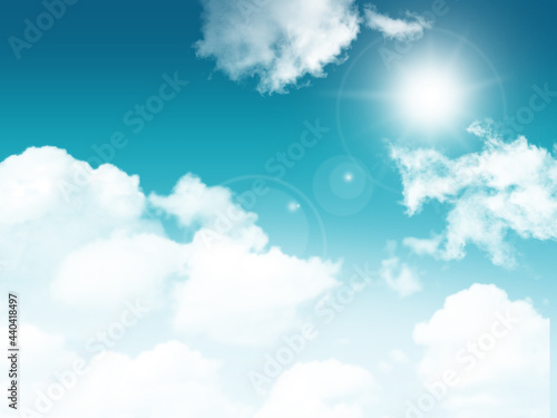 3D sunny blue sky with fluffy white clouds