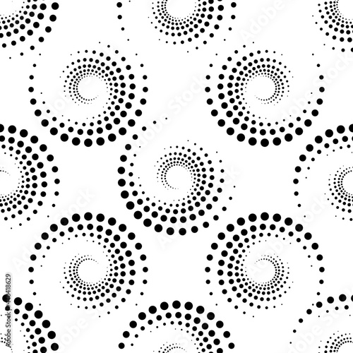 Screen printing seamless pattern. Radiant abstract vortex. Circular pattern. Pop art round halftone. Whirligig, eyeball. Dotted print.