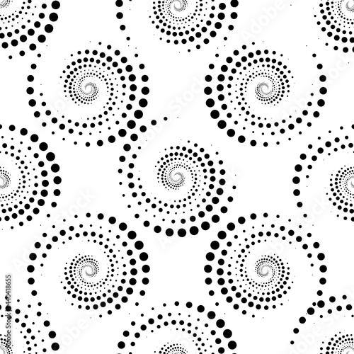Screen printing seamless pattern. Radiant abstract vortex. Circular pattern. Pop art round halftone. Whirligig, eyeball. Dotted print.