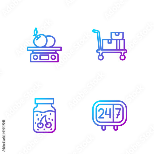 Set line Clock 24 hours, Jam jar, Electronic scales for product and Hand truck and boxes. Gradient color icons. Vector