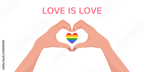 Woman hands making heart shape gesture with lgbt rainbow in flat style. Web banner with phrase Love is Love. Celebrating Pride Month Against Violence, Discrimination, Human Rights Violation. Vector